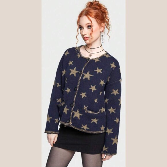 Romwe Hippie Star Pattern Navy Drop Shoulder Cardigan Medium - Picture 3 of 6